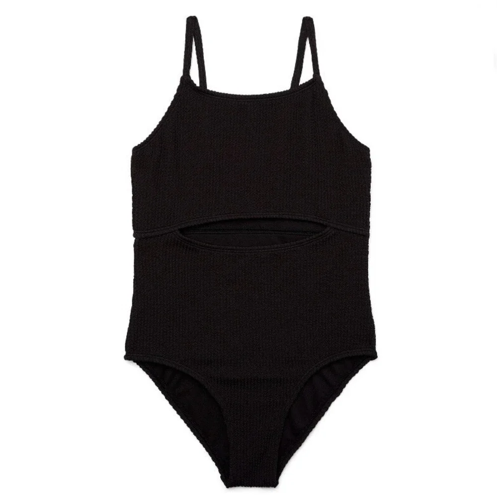 Wonder Nation Girls One Piece Popcorn Swimsuit with Keyhole Medium 7-8 New Black